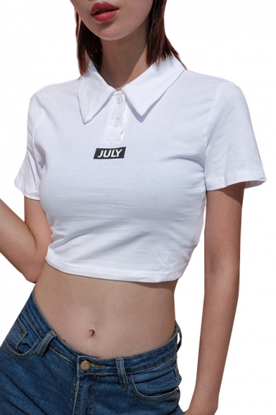 JULY Letter Printed Lapel Collar Short Sleeve Button Placket Crop Tee