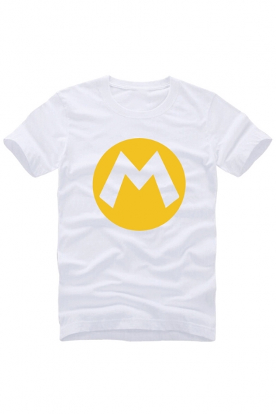 M Letter Printed Round Neck Short Sleeve Leisure Graphic Tee