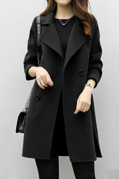 Plain Notched Lapel Collar Long Sleeve Double Breasted Tunic Coat