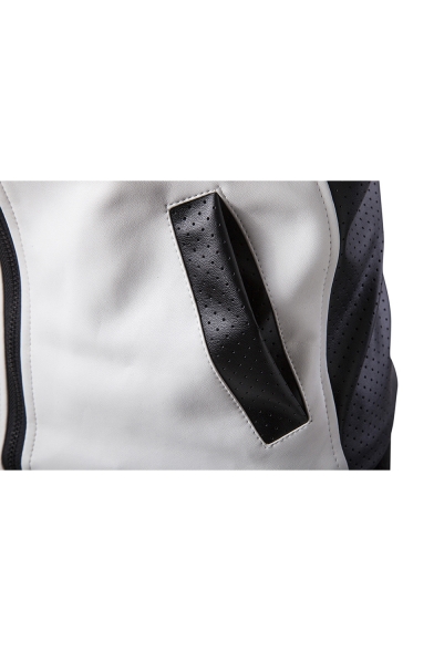 PU Color Block Stand Up Collar Long Sleeve Zip Up Jacket