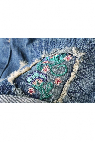 Roll Cuff Floral Embroidered Drawstring Waist Loose Denim Shorts