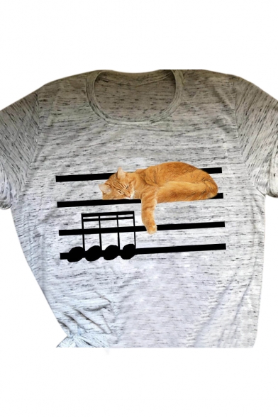 Sleeping Cat Sheet Printed Round Neck Short Sleeve Tee