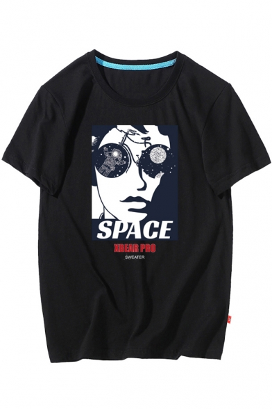 SPACE Letter Character Printed Round Neck Short Sleeve Tee