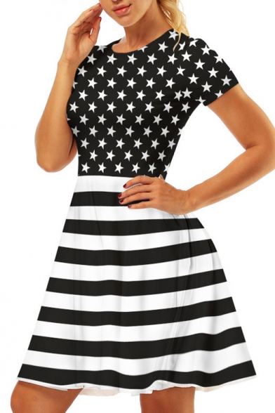 Star Striped Printed Round Neck Short Sleeve Mini A-Line Dress