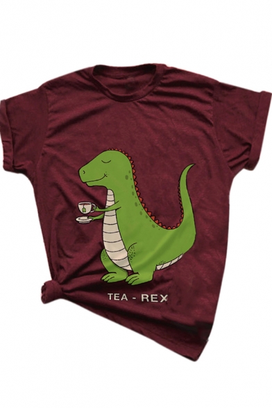 TEA REX Letter Cartoon Dinosaur Printed Round Neck Short Sleeve Tee