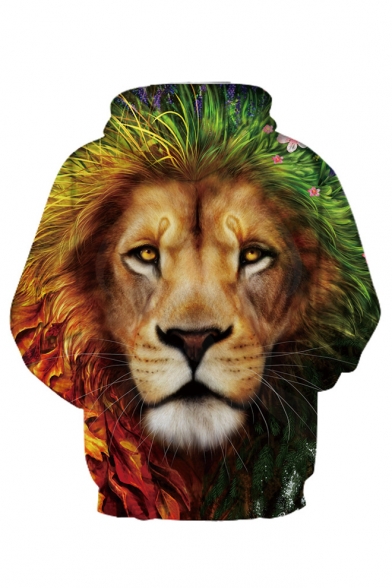 3D Lion Floral Printed Long Sleeve Loose Casual Hoodie