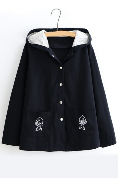 Button Down Long Sleeve Fish Embroidered Loose Hooded Coat