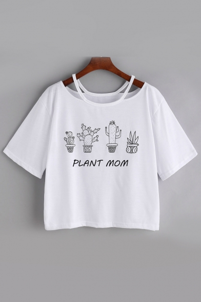 Cactus PLANT MON Letter Printed Hollow Out Round Neck Half Sleeve Crop Tee