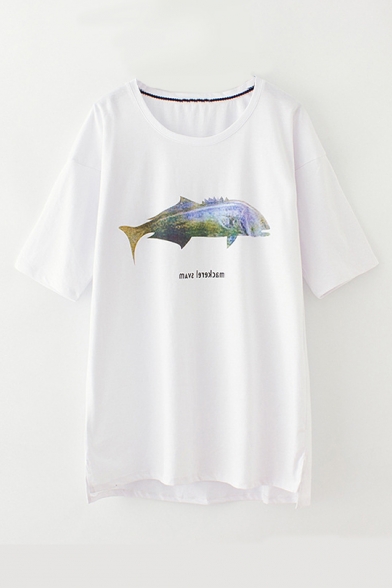 Colorful Shark Letter Pattern Short Sleeve Summer T-Shirt