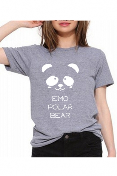 EMO Letter Bear Printed Round Neck Short Sleeve Tee
