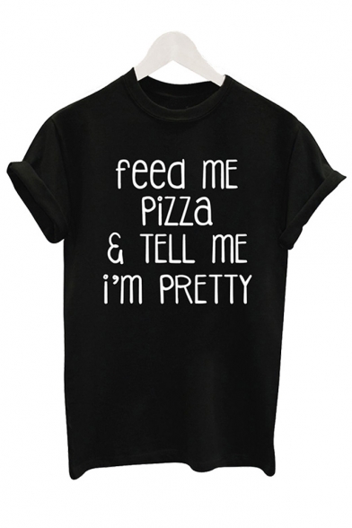 FEED ME PIZZA Letter Printed Round Neck Short Sleeve Leisure Tee