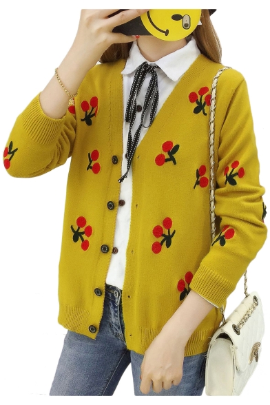 Floral Embroidered V Neck Long Sleeve Button Down Cardigan