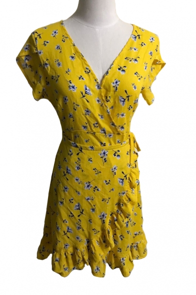 Floral Printed Ruffle Detail V Neck Short Sleeve Mini Asymmetric Dress