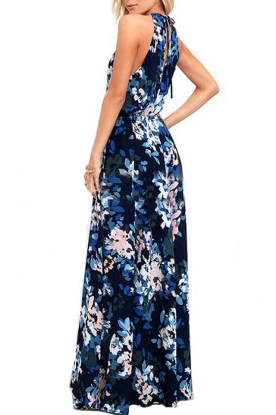 Halter Sleeveless Split Front Floral Printed Maxi Cami Dress