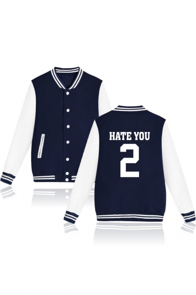 HATE YOU Letter Number Printed Color Block Contrast Striped Trim Button Down Long Sleeve Baseball Jacket