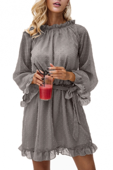 Hollow Out Back Stand Up Collar Long Sleeve Ruffle Detail Mini A-Line Dress