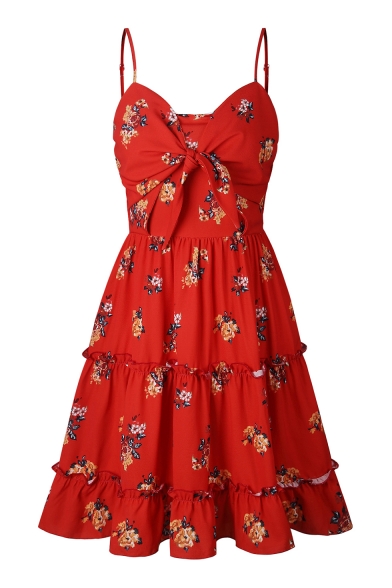 Knotted Front Floral Printed Spaghetti Straps Sleeveless Mini Cami Dress