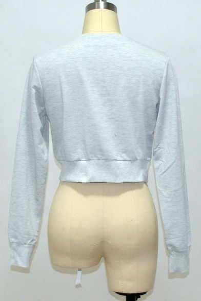 Lace Up Front V Neck Long Sleeve Plain Crop Sweatshirt