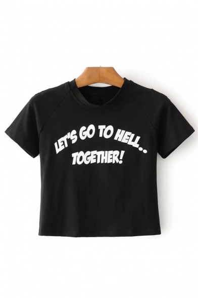 LET'GO TO HELL Letter Printed Round Neck Short Sleeve Crop Tee