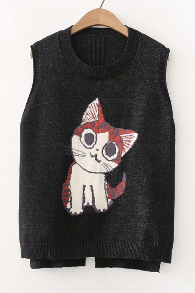 Lovely Cat Jacquard Round Neck Sleeveless Vest Sweater