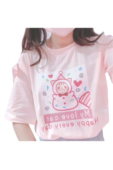 MY LOVELY CAT Letter Printed Bow Embellished Short Sleeve Round Neck Tee
