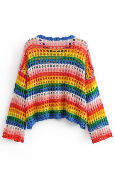 Rainbow Color Printed Round Neck Long Sleeve Hollow Out Sweater