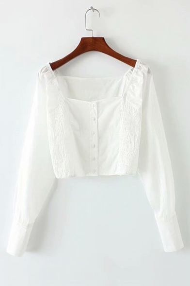 

Retro Square Neck Long Sleeve Elastic Waist Button Front Crop Blouse, Orange;white, LC478494