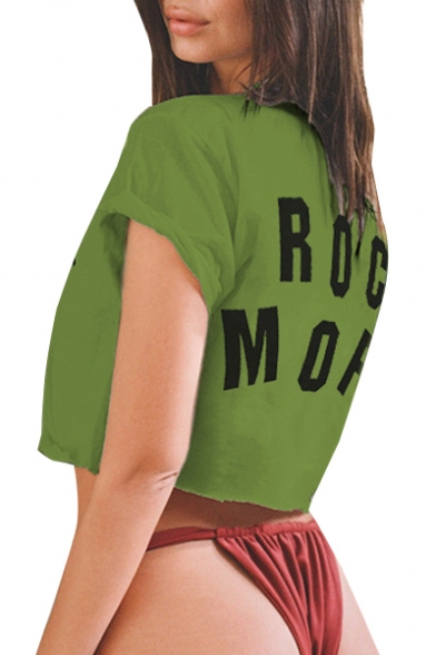 ROCK MORE Letter Printed Short Sleeve Round Neck Crop Tee