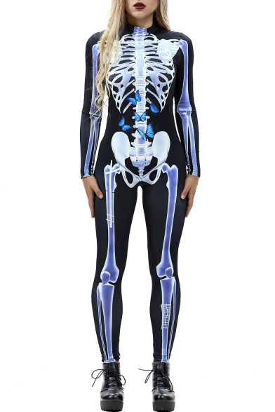 Skeleton Floral Printed High Neck long Sleeve Skinny Jumpsuit
