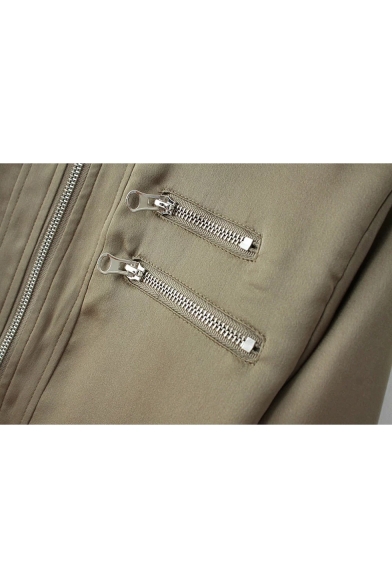 Zipper Embellished Stand Up Collar Long Sleeve Plain Baseball Jacket
