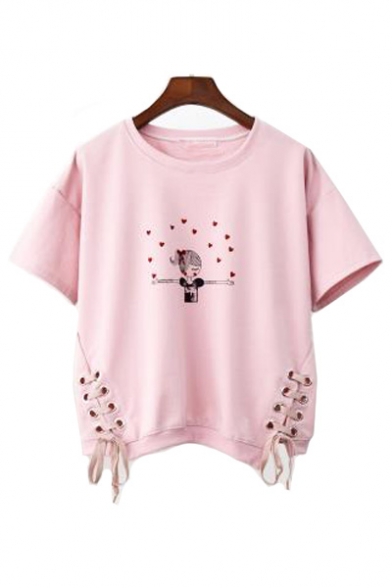 Character Heart Printed Round Neck Short Sleeve Lace Up Side Crop Tee