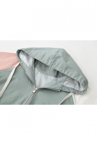 Color Block Long Sleeve Zip Up Hooded Jacket with Flap Pockets
