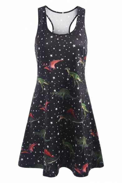Dinosaur Star Printed Round Neck Sleeveless Midi A-Line Dress