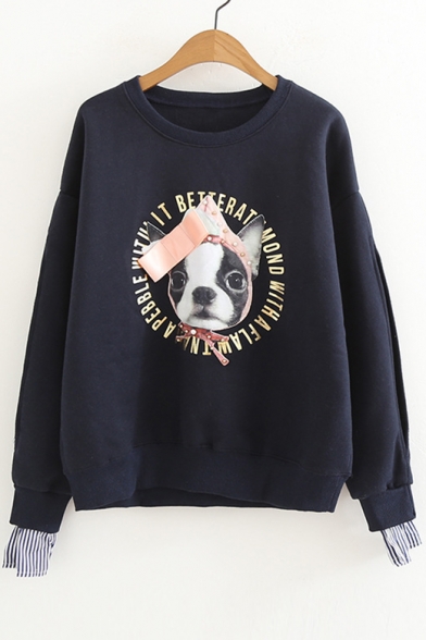 Dog Letter Printed Pearl Embellished Fake Two Pieces Round Neck Long Sleeve Sweatshirt
