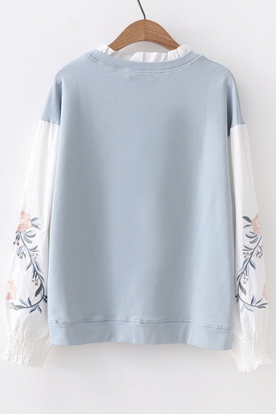 Fake Two Pieces Color Block Round Neck Floral Embroidered Long Sleeve Sweatshirt
