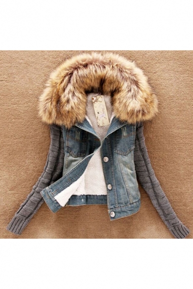 Faux Fur Trim Lapel Collar Patchwork Long Sleeve Button Front Denim Jacket