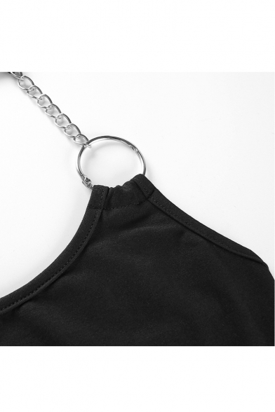 Halter Sleeveless Circle Chain Embellished Slim Bodysuit