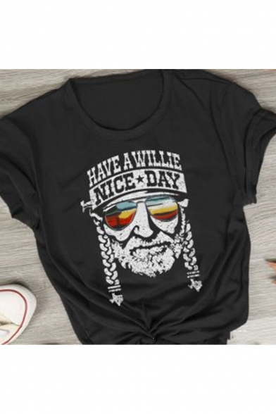 HAVE A WILLIE Letter Character Printed Round Neck Short Sleeve T-Shirt