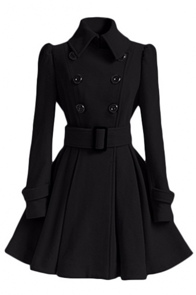 Lapel Collar Long Sleeve Double Breasted Slim Belted Waist Plain Tunic Woolen Coat