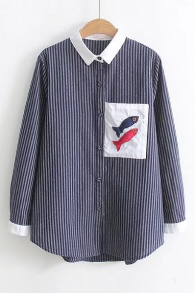 Lapel Collar Striped Printed Long Sleeve Fished Applique Button Up Shirt