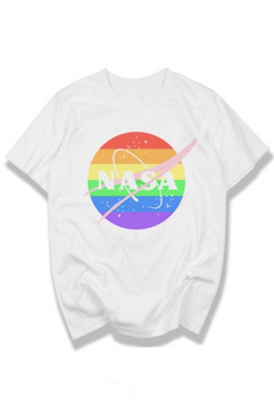 NASA Letter Rainbow Printed Round Neck Short Sleeve T-Shirt