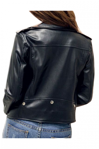 Notched Lapel Collar Plain Offset Zip Closure Crop Leather Jacket
