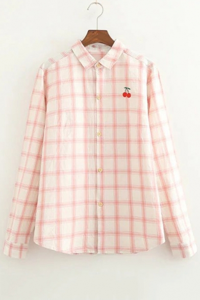 Plaid Printed Cherry Embroidered Button Front Long Sleeve Shirt