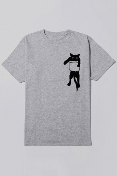 Pocket Cat Printed Round Neck Short Sleeve T-Shirt
