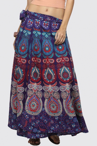 Tribal Printed Maxi A-Line Wrap Skirt