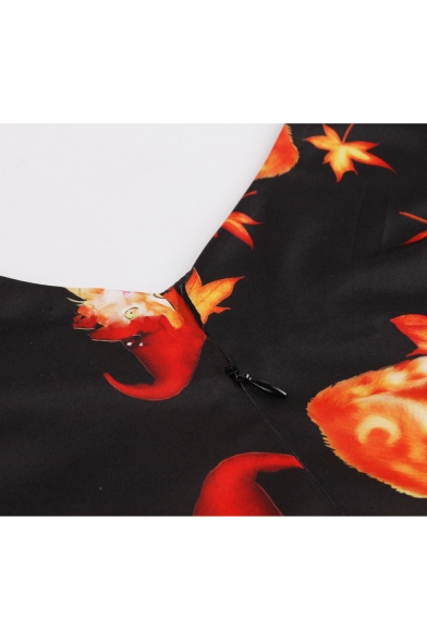 V Neck Leaf Cat Printed Sleeveless Midi Flare Dress