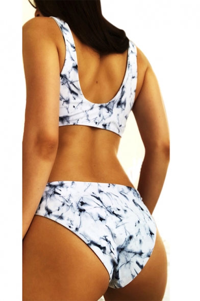 Vintage Knotted Front Marble Printed Sleeveless Bikini
