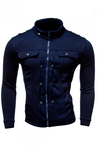 Zip Up Long Sleeve Stand Up Collar Plain Fashion Jacket