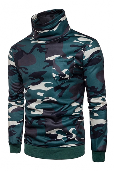 Camouflage Printed High Neck Long Sleeve Pullover Sweatshirt