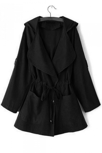Fashion Plain Long Sleeve Drawstring Waist Hooded Trench Coat